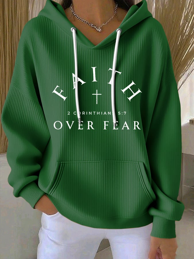 Women's Vintage Faith Faith Over Fear Printed Casual Ribbed Hoodie