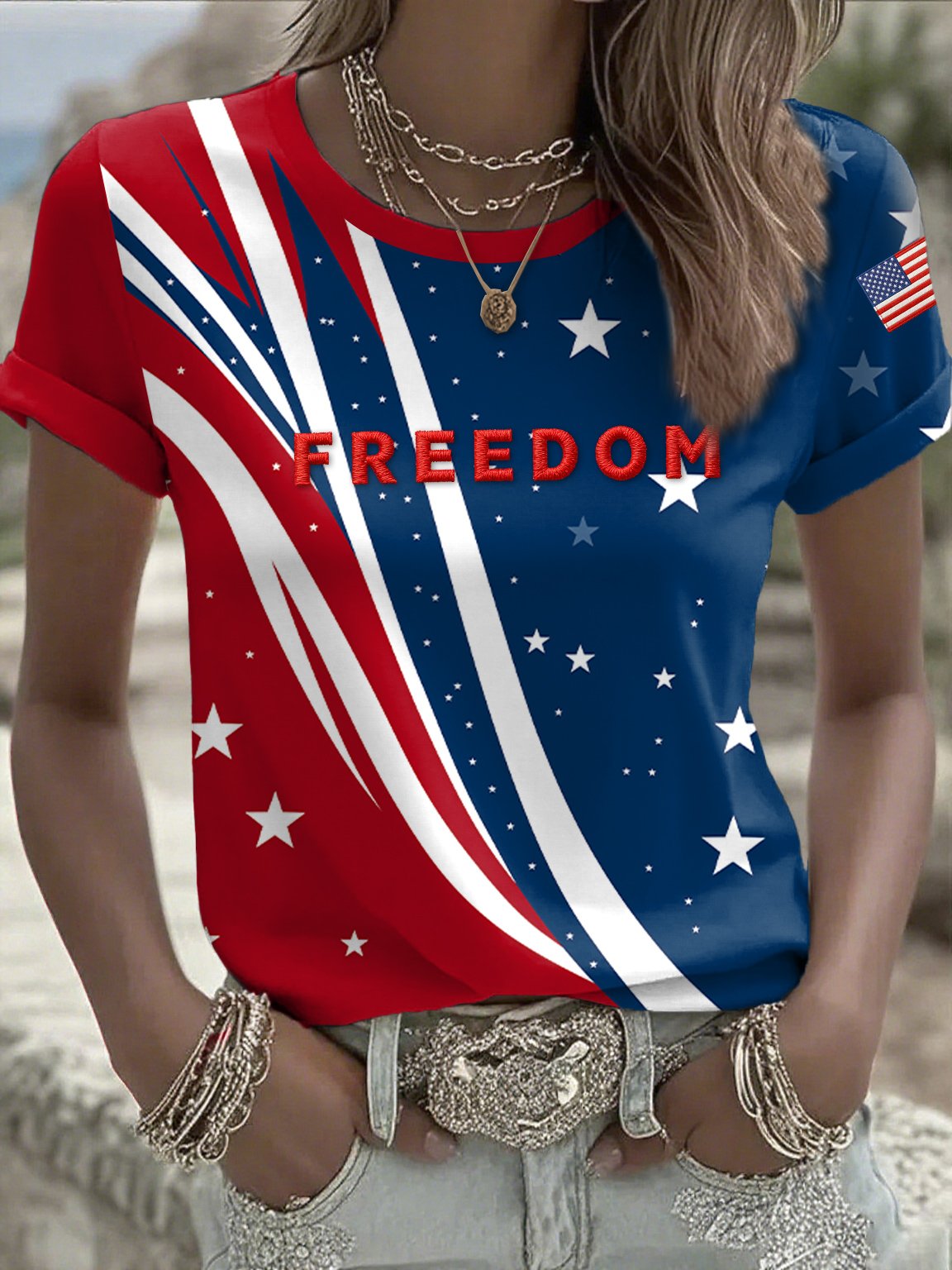 Women's Casual Freedom Flag Contrast Color T-Shirt