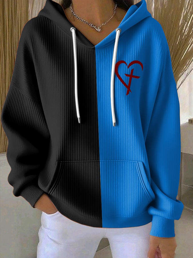 Women's Casual Retro Faith Contrast Color Textured Hoodie