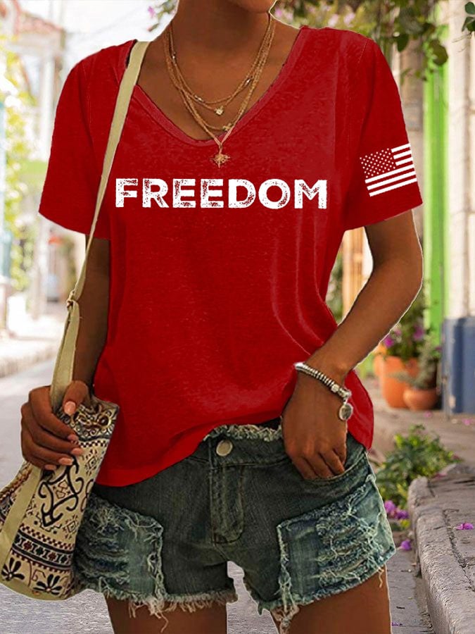 Women's freedom Print V-Neck T-Shirt