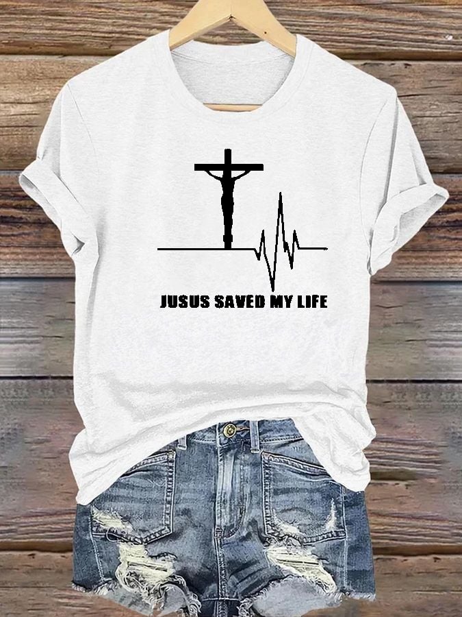 Women's casual Jesus faith cross ECG letter print T-shirt