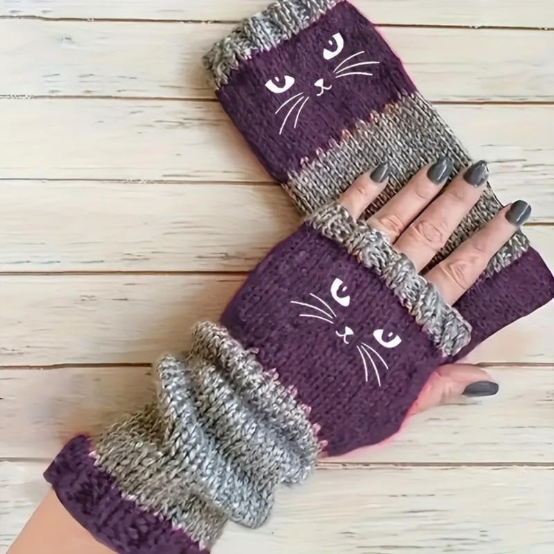Women’s Knitted Fingerless Gloves with Cute Cat