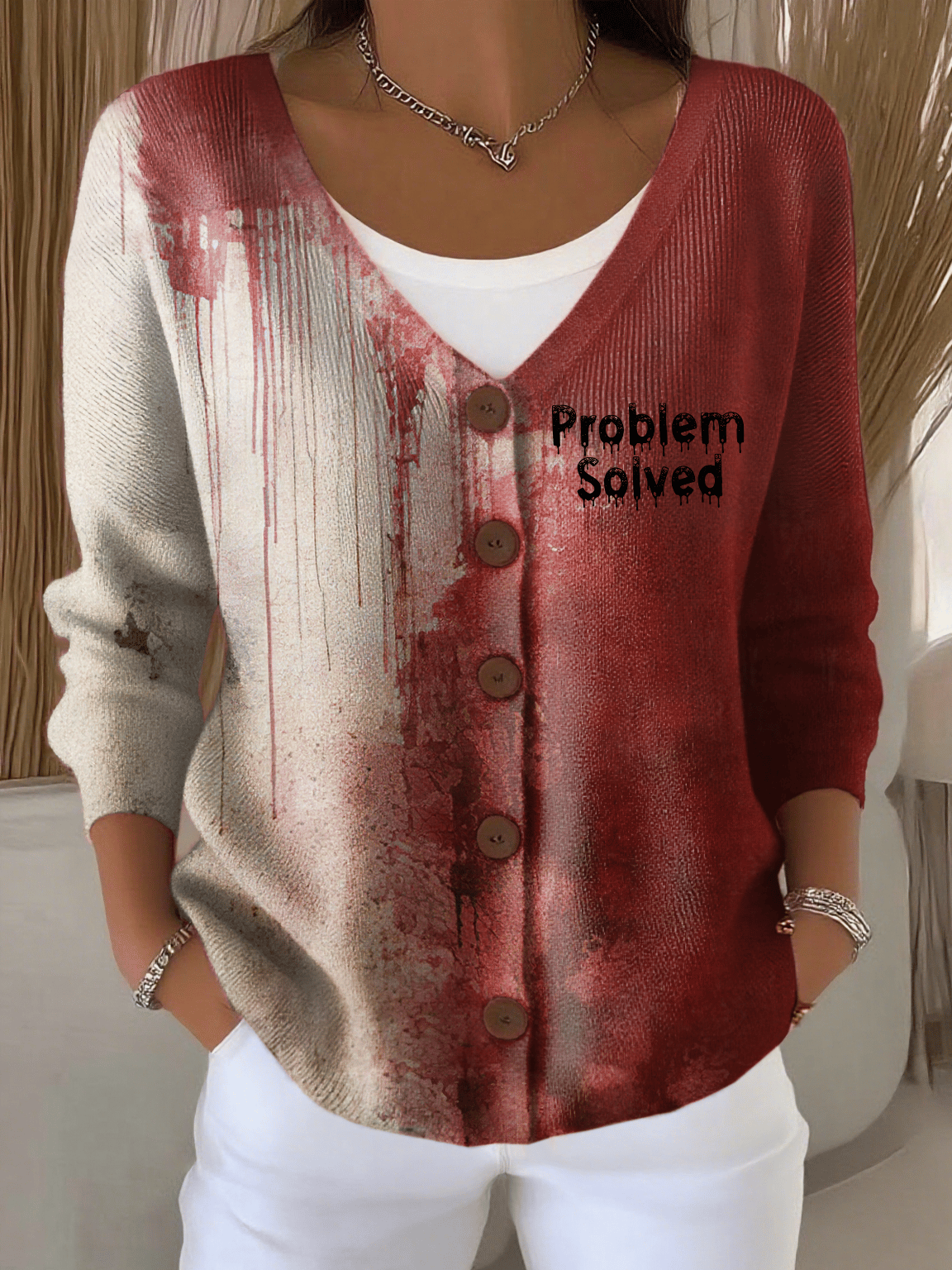 Women's Bloody Problem Solved Printed Chunky-Stitch Cardigan