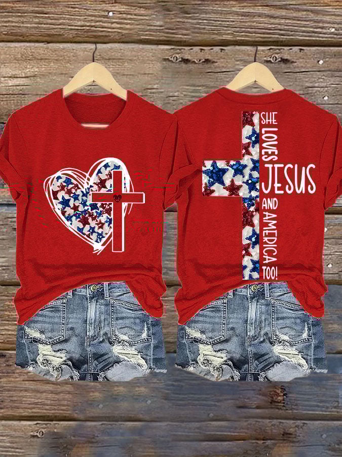 Women's She Jesus And Love America Too! Print T-shirt