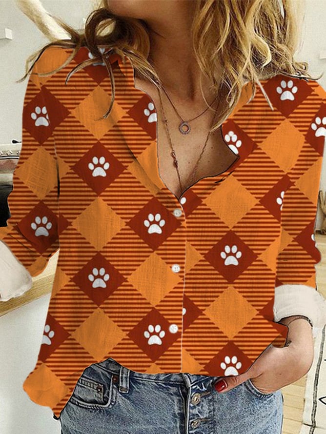 Women's Cotton Linen Dog Paw Print Long Sleeved Shirt