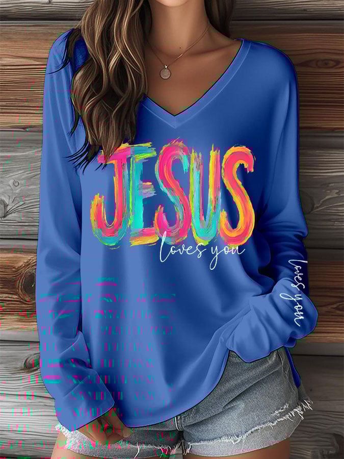 Women's Faith Print V-Neck Long Sleeve T-Shirt