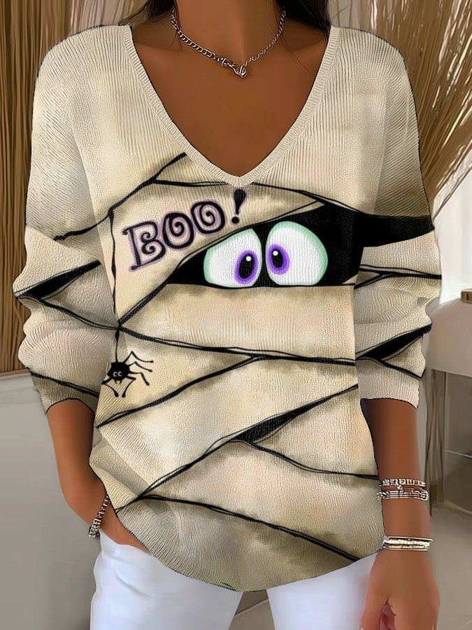 Women'S Retro Halloween Peek Monster Print T-Shirt