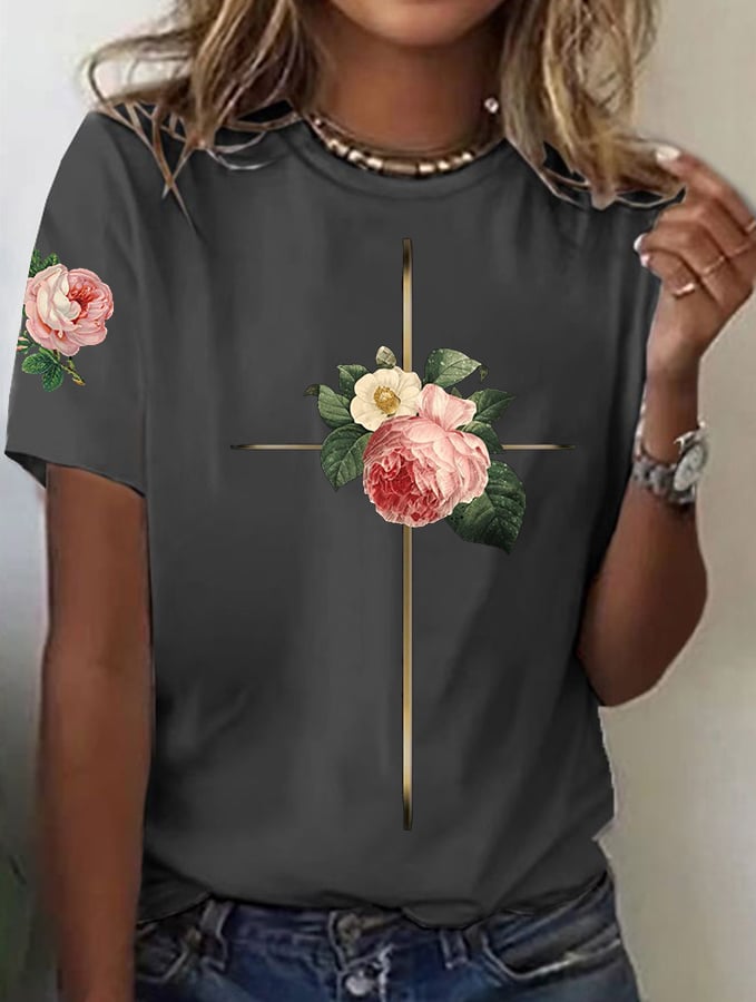 Women's Vintage Floral Metal Cross Print Short Sleeve T-Shirt