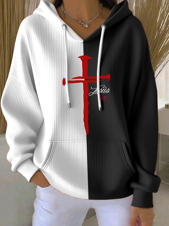 Women's Casual Retro Faith Contrast Color Textured Hoodie