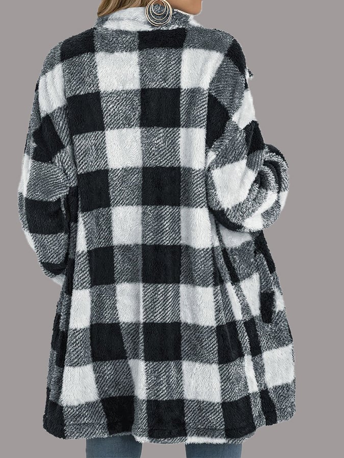 Loose Mid-Length Lapel Plaid Plush Jacket