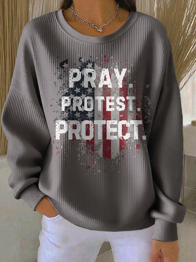 Retro Pray Protest Protect Print Round Neck Sweatshirt
