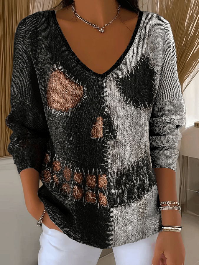 Women's Halloween Ghost Face Print Long Sleeve Top