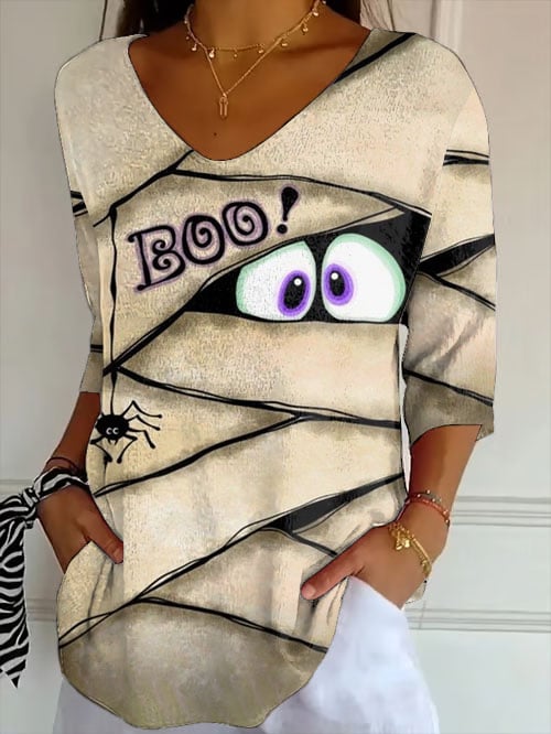 Women'S Retro Halloween Peek Monster Print Mid Sleeve T-Shirt