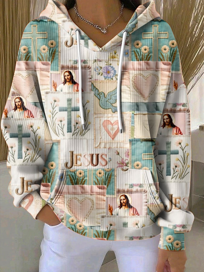 Women's Casual Retro Faith Patch Print Hoodie