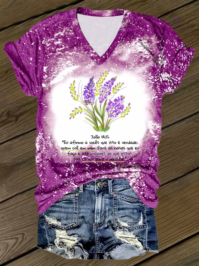 Women's Casual Alzheimer's Lavender John 14:12 Print V-Neck T-Shirt