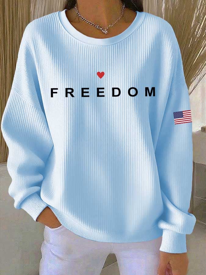 Women's Freedom Flag Print Knitted Crew Neck Long Sleeve Top