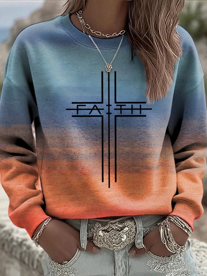 Women's Faith Cross Print Casual Sweatshirt