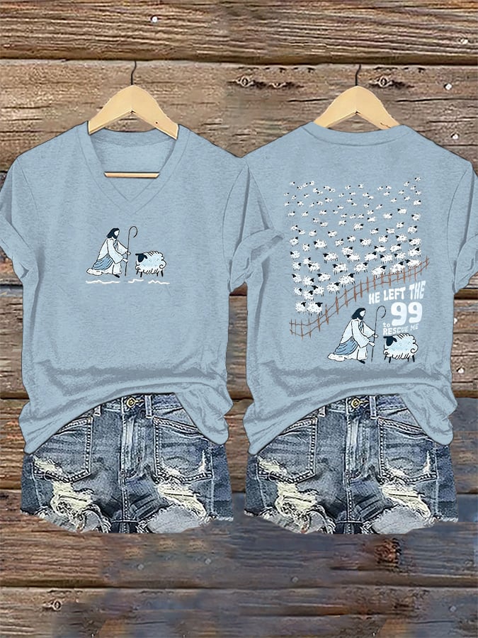 Women's Faith He Left The 99 To Rescue Me printed V-neck T-shirt