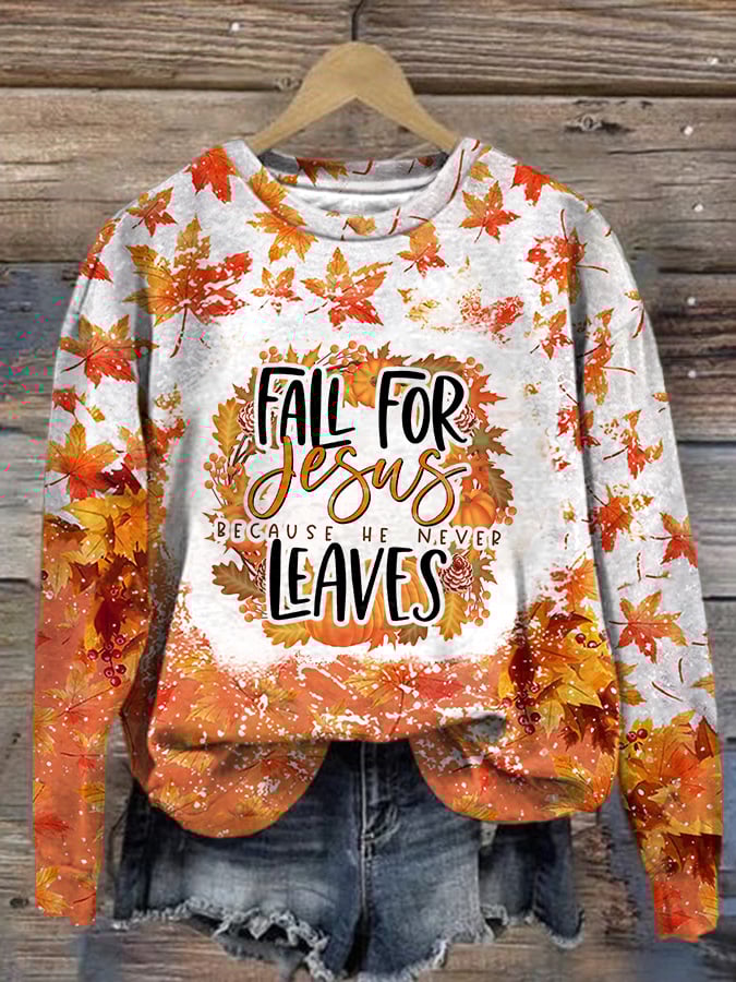 Women's Casual Fall For Jesus He Never Leaves Print Long Sleeve Sweatshirt