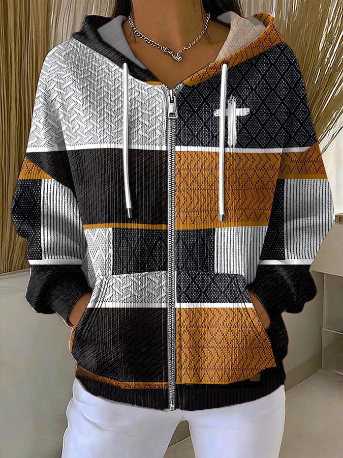 Women's Casual Retro Color Block Faith Print Hoodie Jacket