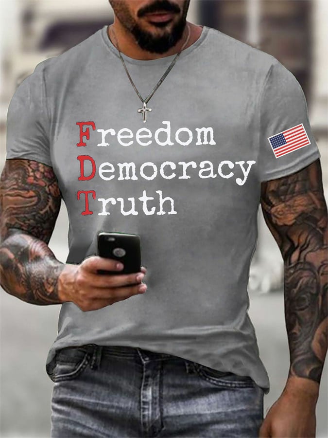 Men's Freedom Democracy Truth Print Round Neck T-Shirt