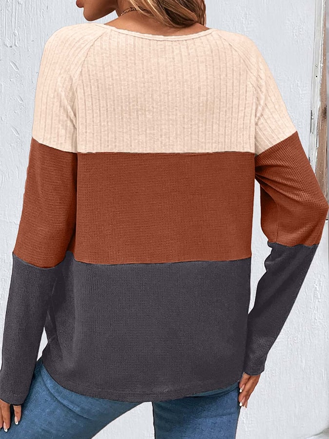 Women's Round Neck Buttoned Striped Patchwork Top