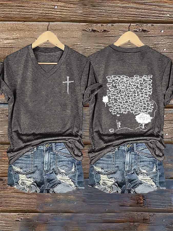 Women's Faith He Left The 99 To Rescue Me printed V-neck T-shirt