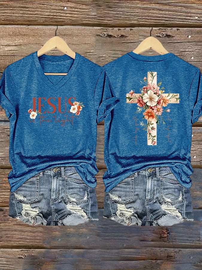 Women's Faith Floral Cross JESUS IN THE LIGHT Printed V-Neck T-Shirt