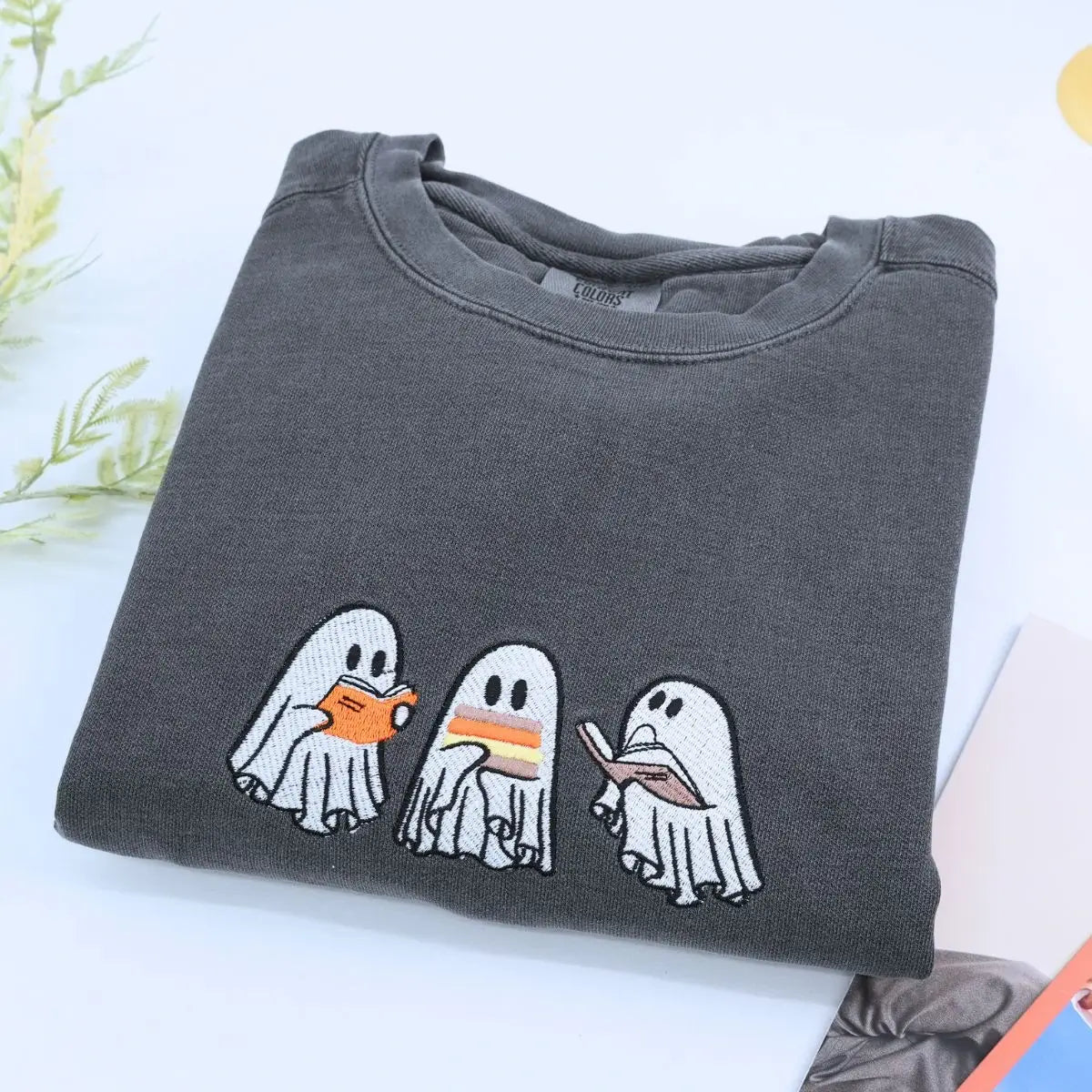 Halloween Ghost Book Shirt, Embroidered GIft for Spooky Season, Halloween Gift
