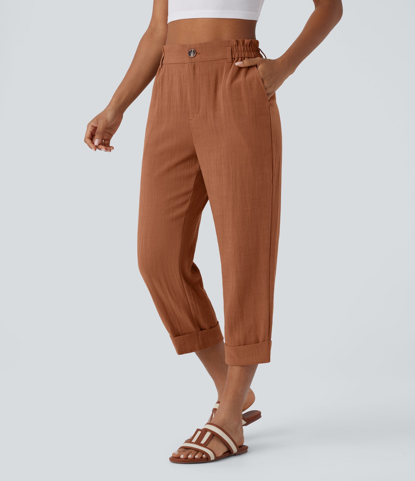 High Waisted Button Zipper Side Pocket Capri Resort Linen-Feel Pants