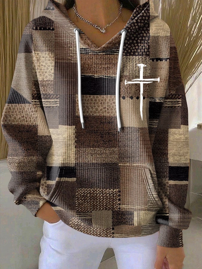 Women's Casual Retro Color Block Contrast Print Faith Texture Hoodie