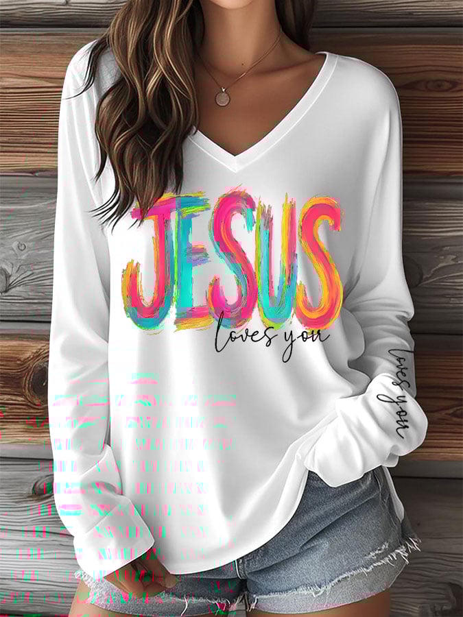 Women's Faith Print V-Neck Long Sleeve T-Shirt