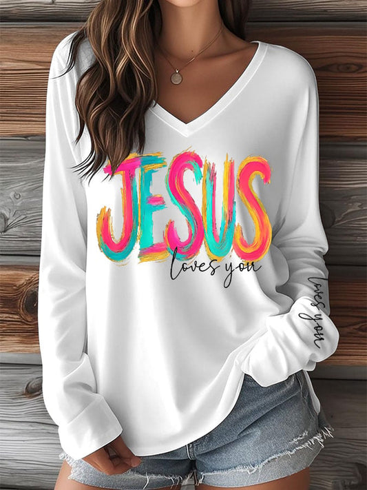Women's Faith Print V-Neck Long Sleeve T-Shirt
