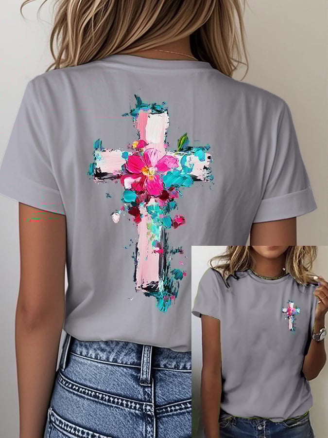 Women'S Casual Oil Painting Floral Cross Print Short Sleeve T-Shirt