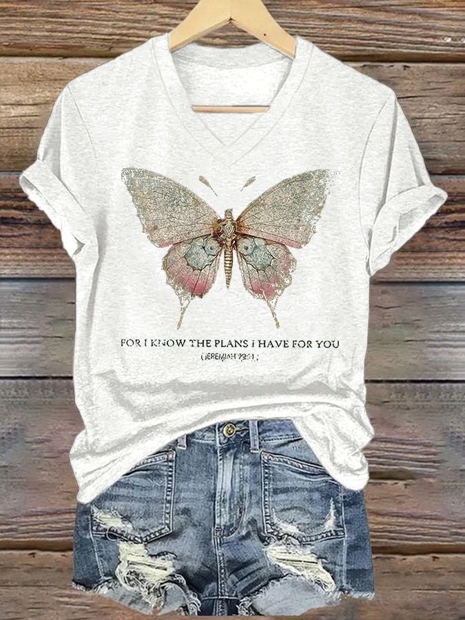 Women's Casual Faith Butterfly Letters Printed Short Sleeve T-Shirt