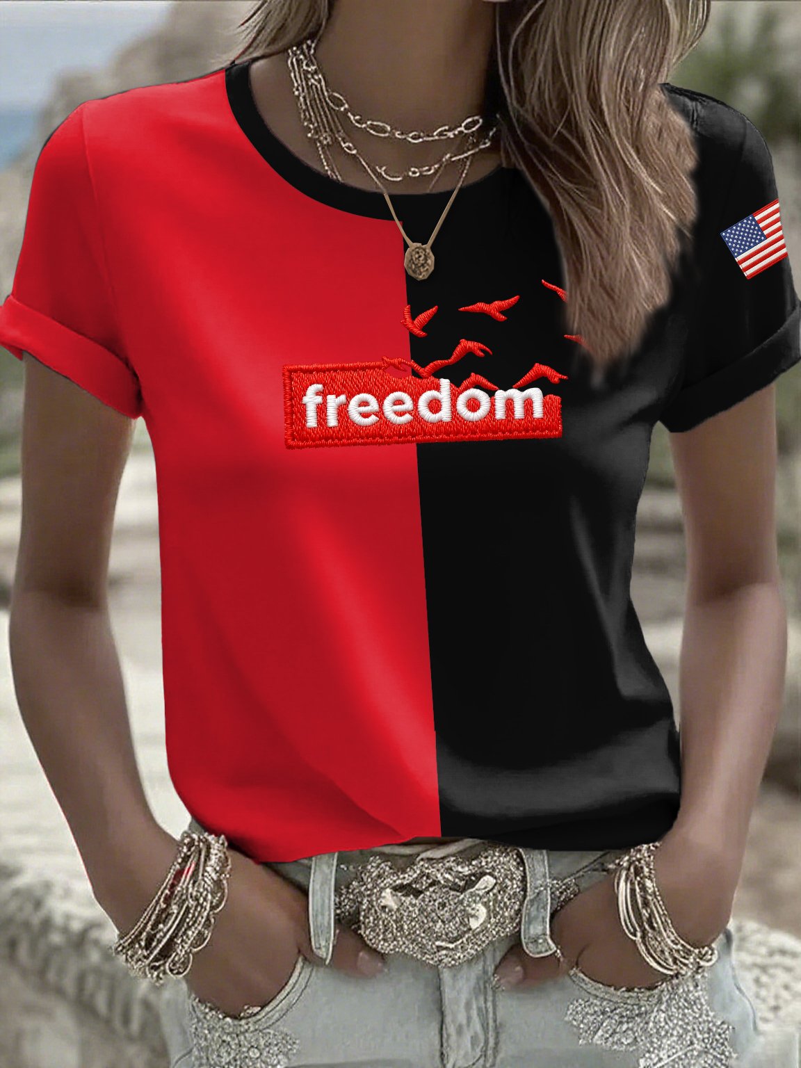 Women's Casual Freedom Flag Contrast Color T-Shirt
