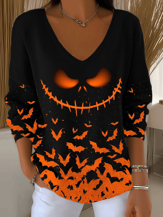 Women's Halloween Ghost Face Bat Print Long Sleeve Top