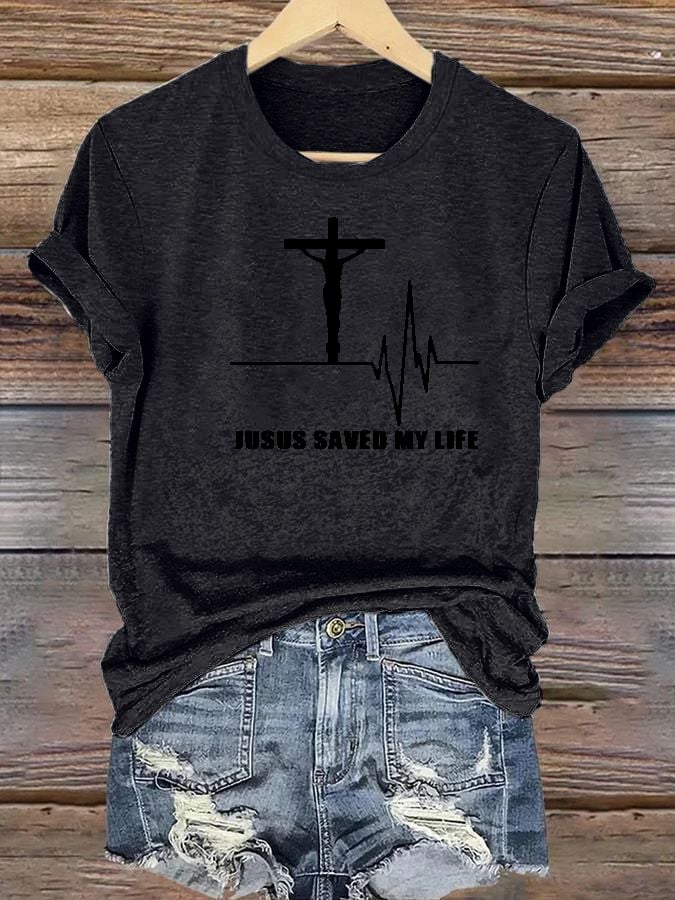 Women's casual Jesus faith cross ECG letter print T-shirt