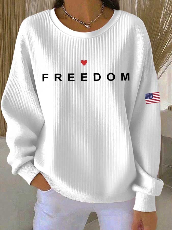 Women's Freedom Flag Print Knitted Crew Neck Long Sleeve Top