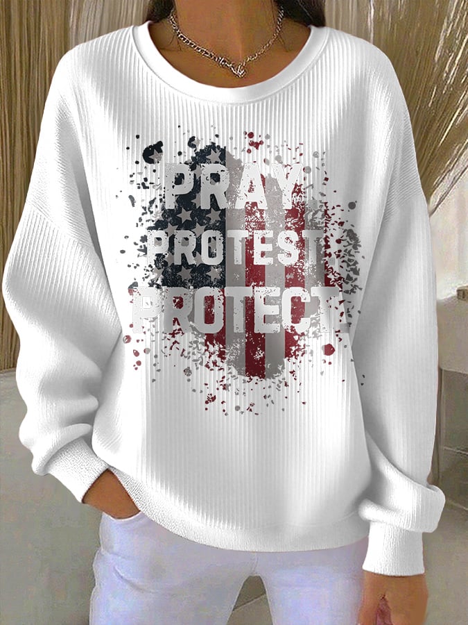 Retro Pray Protest Protect Print Round Neck Sweatshirt