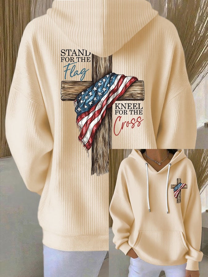 Women's Stand for the Flag, Kneel for the Cross Print Casual Hoodie Sweatshirt
