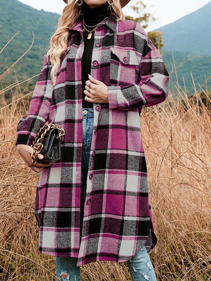 Loose Mid-Length Lapel Plaid Shirt