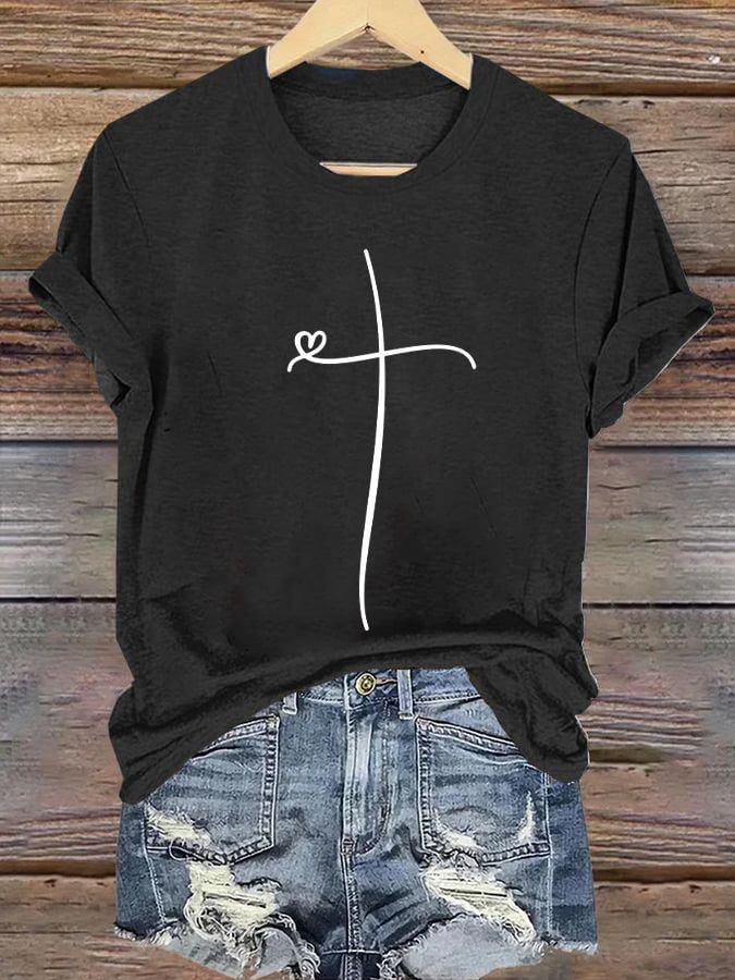Womens Retro Faith Cross Print T-Shirt