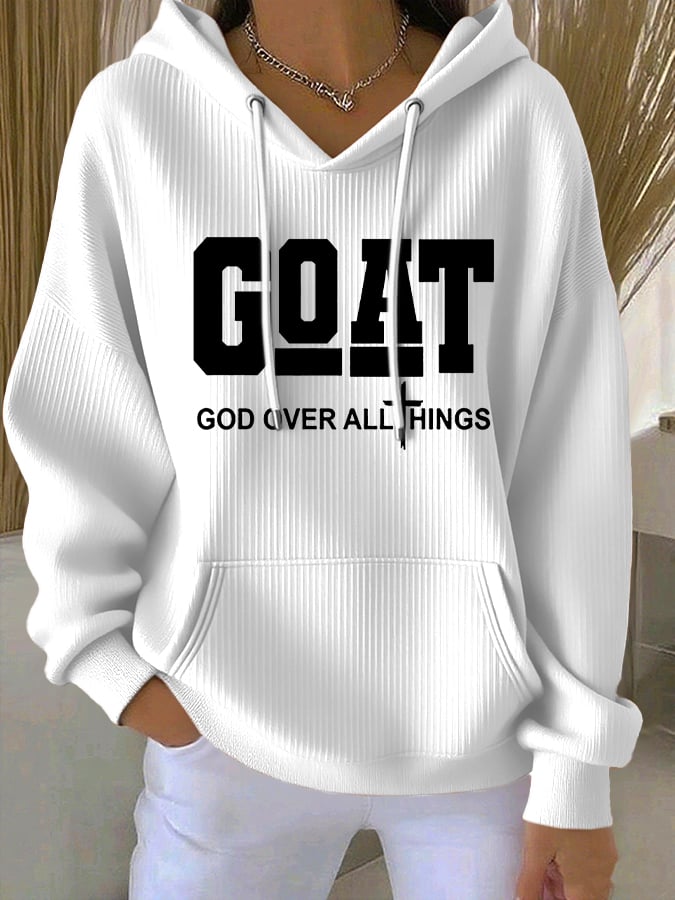 Women's Vintage Faith Goat God Over All Things Printed Casual Ribbed Hoodie