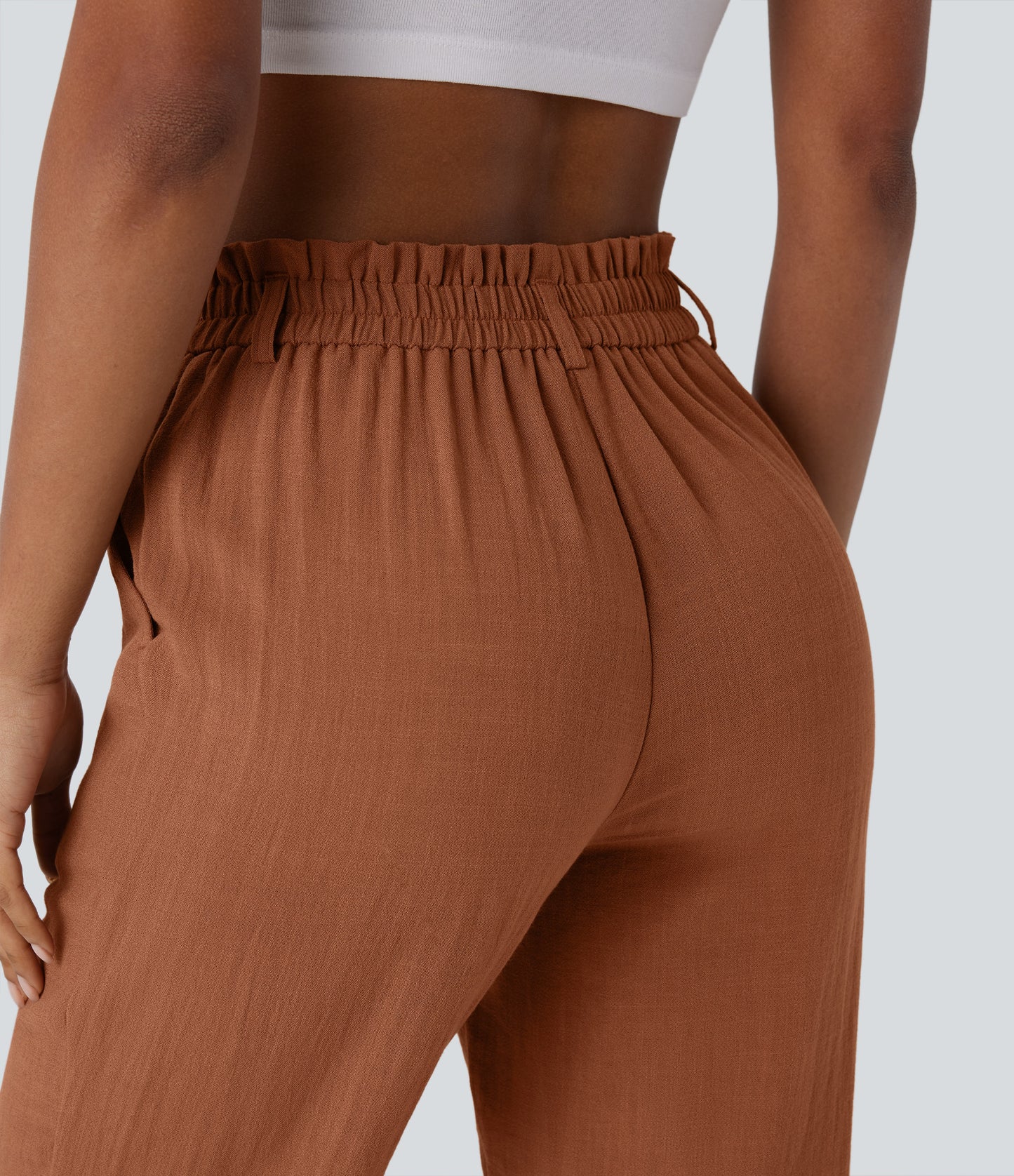 High Waisted Button Zipper Side Pocket Capri Resort Linen-Feel Pants