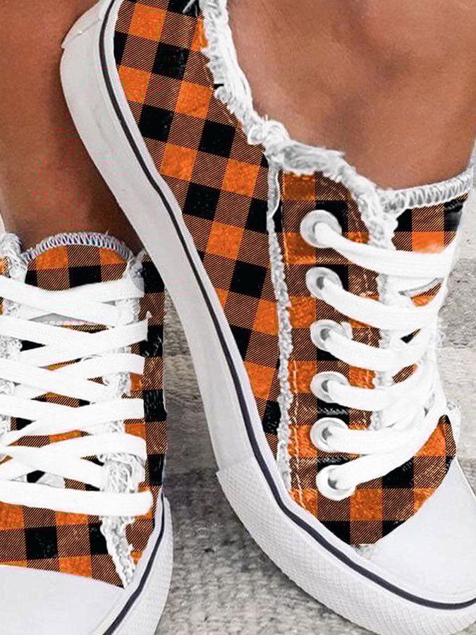 Plaid Print Frayed Sneakers