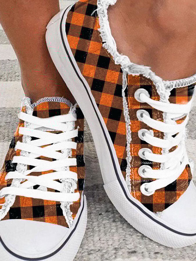 Plaid Print Frayed Sneakers