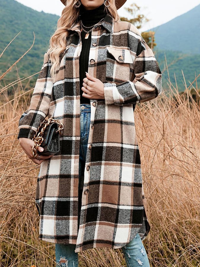 Loose Mid-Length Lapel Plaid Shirt