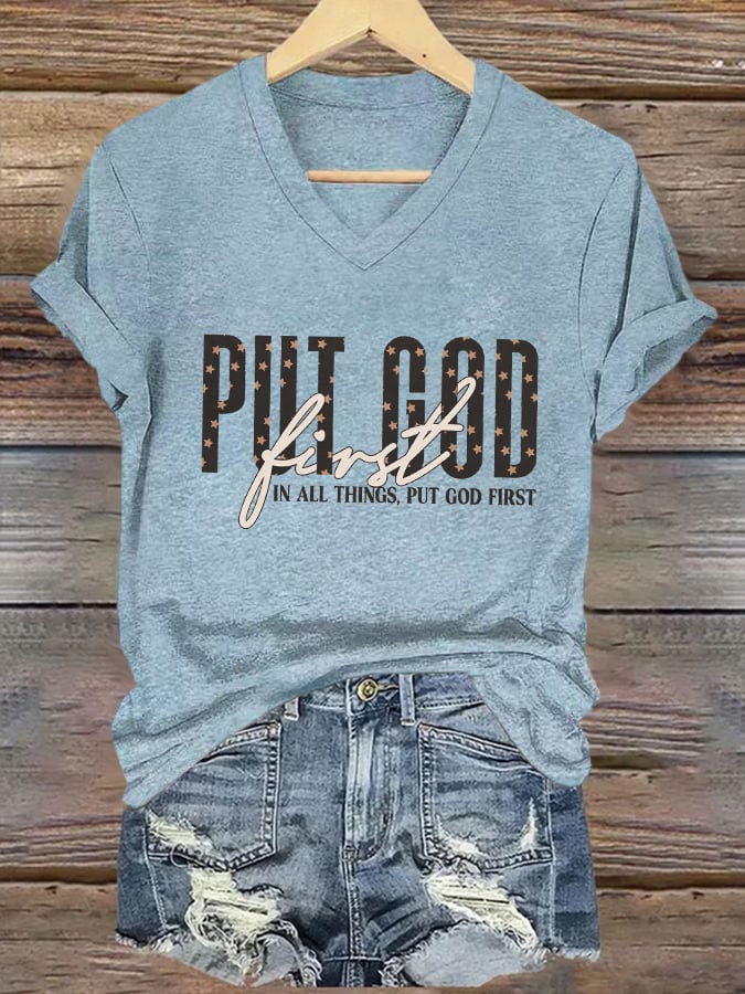 Women's Casual Christian Faith Graphic Print V-Neck Short Sleeve T-Shirt
