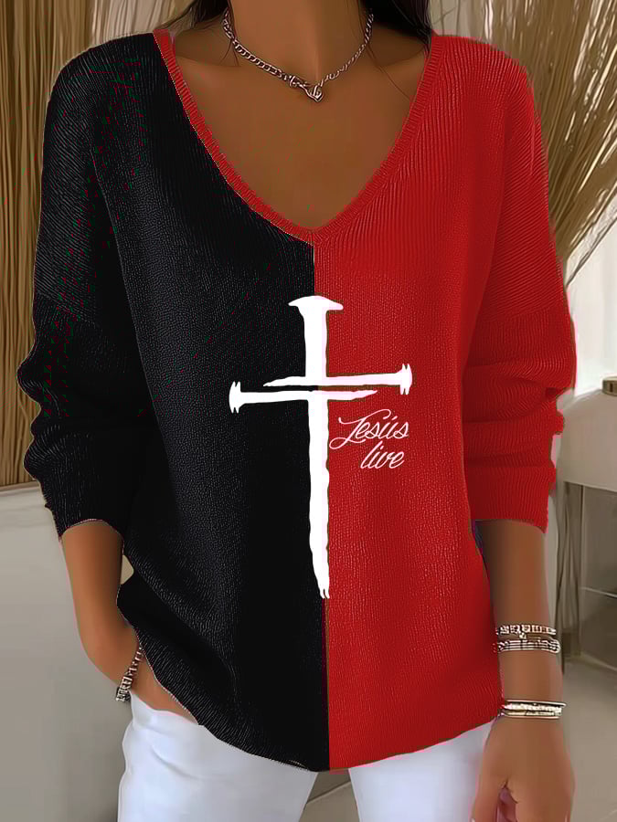 Women's Casual Contrast Color Faith Textured Top